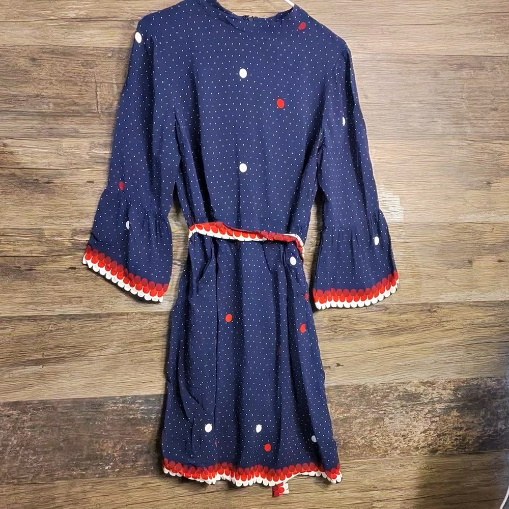 Boden Navy Polka Dot Dress with Red Accents